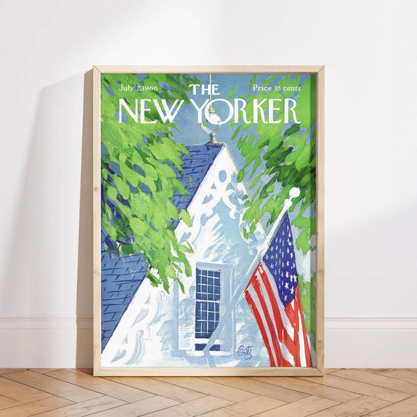 New Yorker Magazine Cover July 2 1966 Poster, Green, White and Blue Trendy Art, Retro Poster Print, American Flag Flying from a Country Home