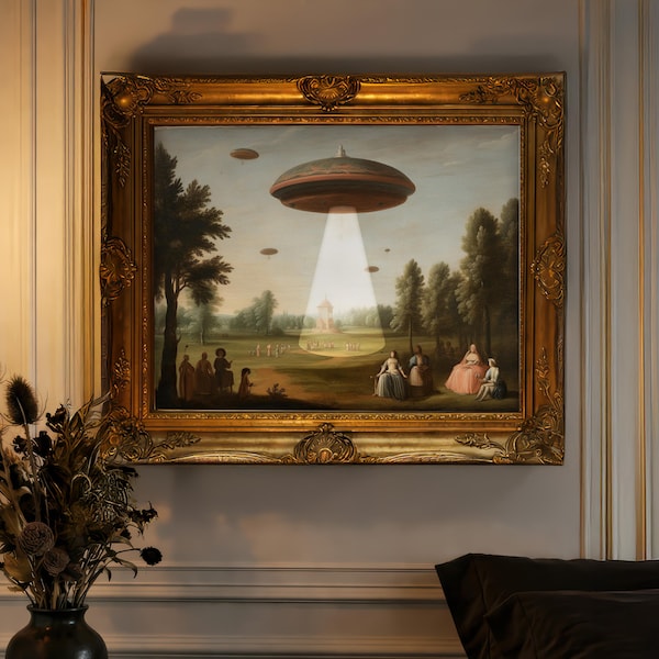 Victorian Landscape Funny Altered Art Print UFO Printable Wall Art Eclectic Print Alien Abduction Banksy Art Prints READY to FRAME