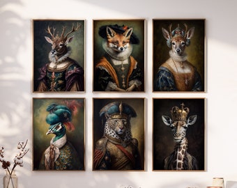Victorian Animal Portrait Set of 6, Royal Animal Painting, Renaissance Animal Portrait, Animal Funny Poster, Altered Art, READY TO FRAME