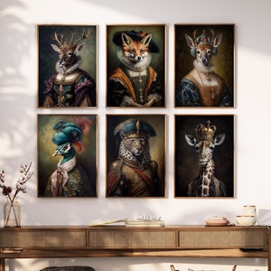 Victorian Animal Portrait Set of 6, Royal Animal Painting, Renaissance Animal Portrait, Animal Funny Poster, Altered Art, READY TO FRAME