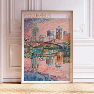 Columbus Ohio Watercolor Travel Poster, World Travel Art, Columbus City Wall Art, Dorm Room Wall Decor, Gift For Traveler