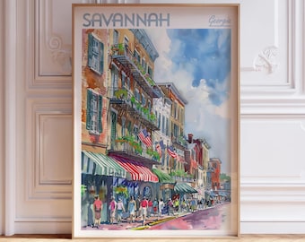 May include: A watercolour painting of a street scene in Savannah, Georgia. The painting depicts a row of colourful buildings with balconies and awnings. There are people walking on the pavement and American flags hanging from the buildings. The text "SAVANNAH" and "Georgia" is printed at the top of the painting.