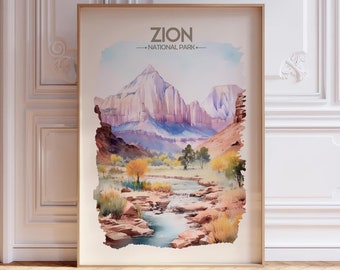 Zion National Park Watercolor Travel Poster - US National Parks - Soft Pastel Tones - Colorful Landscape Wall Art