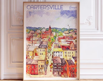 Cartersville Georgia Watercolor Travel Poster, World Travel Art, Georgia Wall Art, Dorm Room Wall Decor, Gift For Traveler