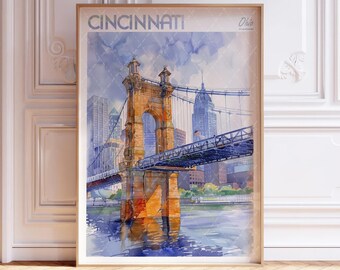 Cincinnati Ohio Watercolor Travel Poster, World Travel Art, Cincinnati Wall Art, Dorm Room Wall Decor, Gift For Traveler