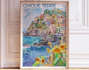 Cinque Terre Watercolor Poster - Italian Culture Art - Italy Wall Decor - Coastal Tropical Art Printable -Pastel Colors Travel Art Poster