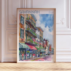Savannah Georgia Aquarell Reiseplakat, Weltreisekunst, Georgia Wandkunst, Küstenwanddekor, Geschenk für Reisende