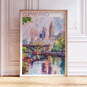 Cleveland Ohio Watercolor Travel Poster, World Travel Art, Cleveland Wall Art, Dorm Room Wall Decor, Gift For Traveler