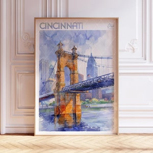 Cartaz de viagem em aquarela de Cincinnati Ohio, arte de viagem mundial, arte de parede de Cincinnati, decoração de parede de dormitório, presente para viajantes