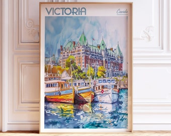 May include: A watercolor painting of a cityscape with a large building in the background and boats in the foreground. The building is a light brown color with green roofs and white windows. The boats are a variety of colors, including red, yellow, and blue. The water is a light blue color and there are reflections of the boats and buildings in the water. The painting is titled "VICTORIA Canada".