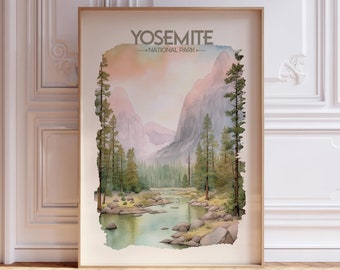 Yosemite National Park Watercolor Travel Poster - US National Parks - Soft Pastel Tones - Colorful Landscape Wall Art