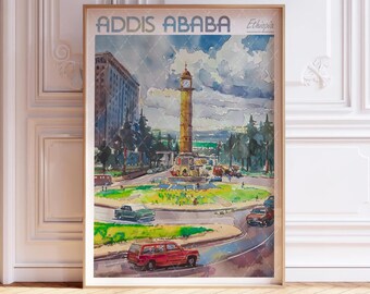 Cartel de acuarela de Addis Abeba - Arte de la pared del horizonte de la ciudad - Cartel de Etiopía - Impresión de arte de África - Cartel de la ciudad de color pastel