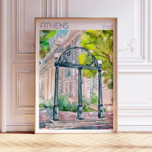Poster di viaggio ad acquerello di Atene Georgia, arte dei viaggi intorno al mondo, arte della parete della Georgia, decorazione della parete del dormitorio, regalo per i viaggiatori