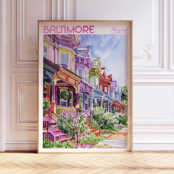 Cartel de viaje de acuarela de Baltimore Maryland, arte de viajes mundiales, arte de la pared de Maryland, arte de la pared de viajes de EE. UU., regalo para el viajero