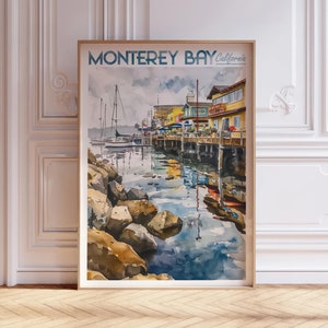 Monterey Bay Kalifornien Aquarell Reiseplakat, Weltreise Kunst, Kalifornien Wandkunst, Küstenwanddekor, Geschenk für Reisende