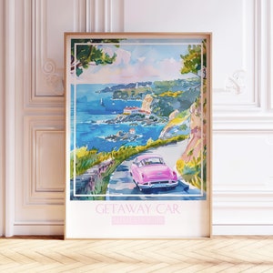 May include: A vintage poster with a watercolor illustration of a pink car driving on a winding road along a coastline. The poster has the text "GETAWAY CAR" and "POSTCARD SERIES" in pink.