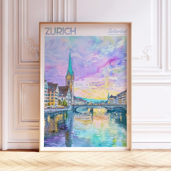 Zurich City Watercolor Poster - Switzerland Travel Art - City Wall Decor - West Europe Travel Print - Pastel Colors Poster