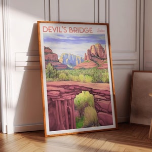 May include: A vintage travel poster featuring a watercolour illustration of Devil's Bridge in Sedona, Arizona. The poster has a red, white, and blue colour scheme and features a natural stone bridge over a canyon.