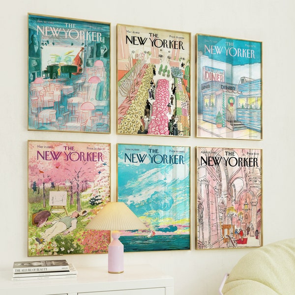 New Yorker Magazine Cover Poster Set Of 6, Trendy Gallery Wall Art, 6 Pieces Pink & Blue Poster Print, Vintage Art READY TO FRAME