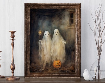 UNFRAMED Cute Ghosts in Field,Halloween Art Print,Vintage Halloween Ghosts,Sheeted Ghost Art Print,Spooky Wall Decor,Gothic Ghosts Wall Art