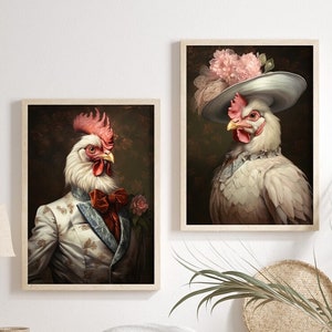 Retrato vintage de la señora y el señor pollo, regalo divertido para parejas, retrato de animal renacentista, póster divertido de animales, impresión artística alterada