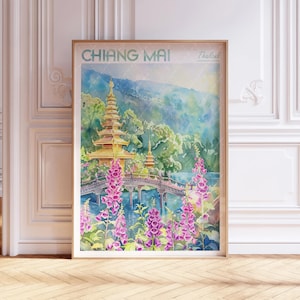 Chiang Mai Watercolor Art Print - Thailand Print - Asia Travel Poster - World Cities Wall Art - Pastel Colors Travel Art