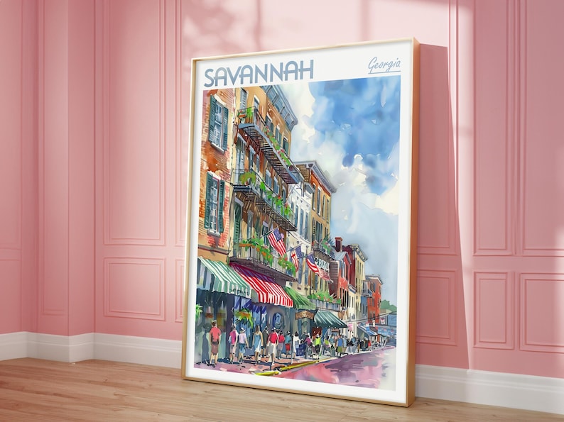 May include: A watercolor painting of a street scene in Savannah, Georgia. The painting depicts a street lined with colorful buildings, with a blue sky and white clouds in the background. The street is filled with people walking and shopping.