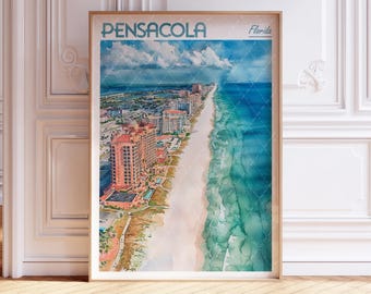 May include: A watercolor painting of the Pensacola, Florida coastline. The painting features a long stretch of white sand beach with turquoise water and a row of tall, pink buildings along the shore. The text "PENSACOLA Florida" is printed in blue at the top of the painting.
