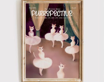 Impresión de portada de revista Purrspective, póster de gato divertido, gatos en una galería de arte, regalo para amantes de los gatos