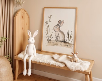 Neutral Bunny Nursery Print Rustic Farmhouse Baby Room Art, Soft Earth Tone Animal Illustration, Cute Rabbit Wall Decor