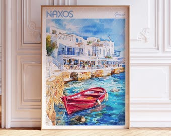 May include: A watercolor painting of a red boat docked in a harbor in front of a white building with the word "NAXOS" and "Greece" written on the top of the image.