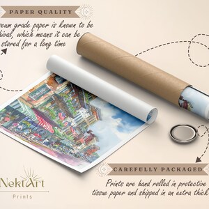 May include: A watercolor painting of a street scene with buildings, trees, and people. The painting is printed on museum-grade archival paper and rolled in a protective tube for shipping.