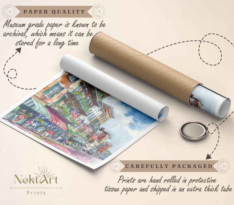 May include: A watercolor painting of a street scene with buildings, trees, and people. The painting is printed on museum-grade archival paper and rolled in a protective tube for shipping.