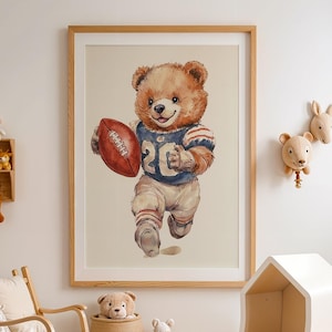 Vintage Illustration of a Bear Playing American Football Watercolor Retro Illustration for Nursery, Kids Room Sports Fan Decor