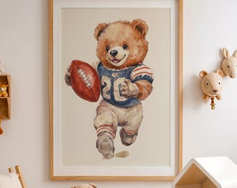 Vintage Illustration of a Bear Playing American Football Watercolor Retro Illustration for Nursery, Kids Room Sports Fan Decor