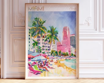 Miami Watercolor Art Print - Miami City Print - Florida USA Travel Poster - World Cities Wall Art - Pastel Colors Travel Art