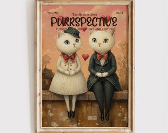 Impresión de portada de revista Purrspective, póster de gato divertido, gatos enamorados, regalo para amantes de los gatos