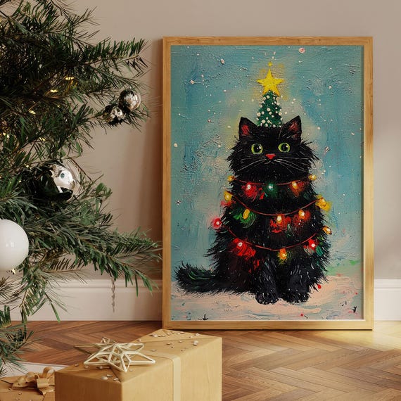 Black Cat Christmas Tree Oil Painting Altered Merry Christmas