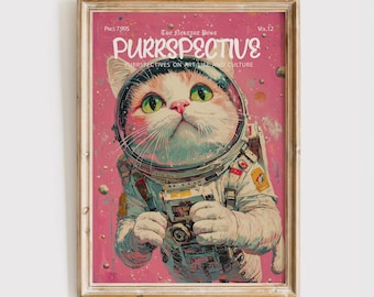 Impresión de portada de revista Purrspective, póster de gato divertido, gato astronauta, regalo para amantes de los gatos