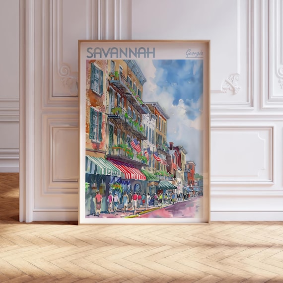 Savannah Georgia Watercolor Travel Poster, World Travel Art, Georgia Wall Art, Coastal Wall Decor, Gift For Traveler