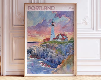 Póster de Portland, Maine - Arte mural de ciudades del mundo - Impresión de viajes a Maine, EE. UU. - Póster de ciudad imprimible - Póster de viaje en colores pastel