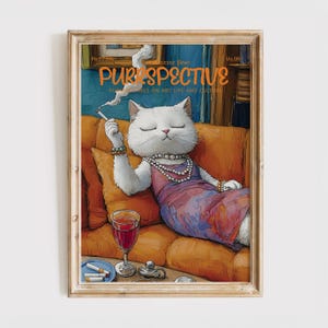 Purrspective Magazine Cover Print , Funny Cat Poster, White Cat, Gift for Cat Lover