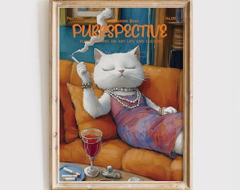 Purrspective Magazine Cover Print , Funny Cat Poster, White Cat, Gift for Cat Lover