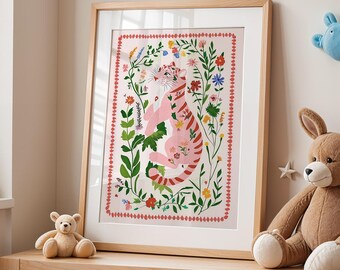 Arte de pared con estampado de tigre y jungla floral, diseño de safari vibrante, póster bohemio de animales botánicos para habitación infantil y sala de juegos.