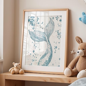 Aqua Mermaid Tail Poster Dreamy Sea Life Illustration, Nautical Nursery Print, Blue Ocean Playroom Wall Art