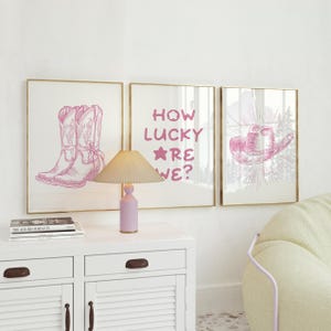 How Lucky Are We Pink Print Set of 3, Girly Western Wall Art, Coastal Cowgirl Print, Coquette Bow Boots, Dorm Room Wall Decor, Cute Art