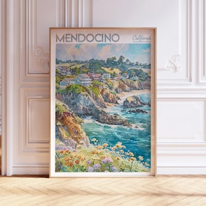 Mendocino Watercolor Art Print - Mendocino City Print - California USA Travel Poster - World Cities Wall Art - Pastel Colors Travel Art