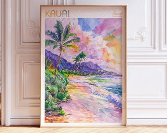 May include: A watercolor painting of a beach scene in Kauai, Hawaii. The painting features a sandy beach, turquoise water, palm trees, and a colorful sky with pink, purple, and orange clouds.