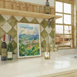 a kitchen counter with a bottle of wine and two glasses on it
