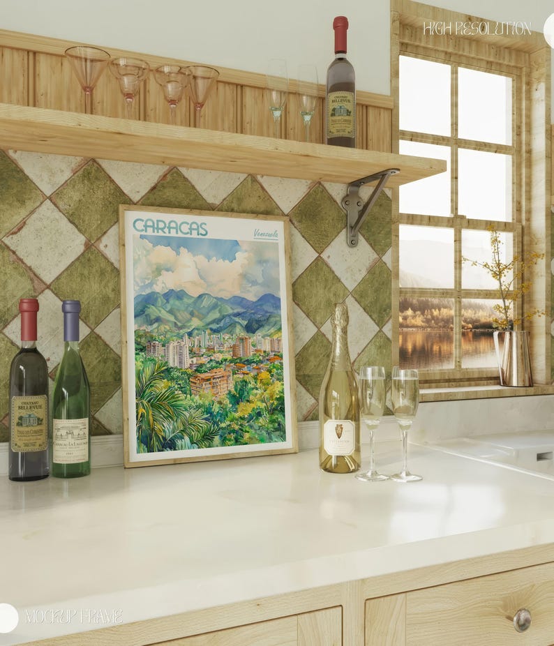 a kitchen counter with a bottle of wine and two glasses on it